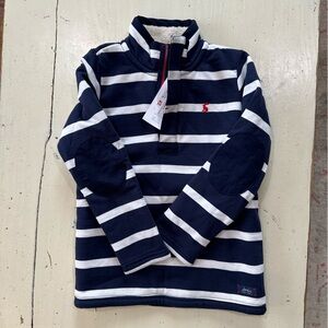 Joules quarter-zip, fleece-lined pullover in navy with white stripes; size 8